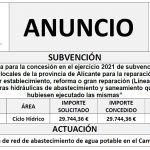“Convocatoria para la concesión en el ejercicio 2021 de subvenciones a favor de entidades locales de la provincia de Alicante para la reparación (Línea A) y primer establecimiento, reforma o gran reparación (Línea B) de infraestructuras hidráulicas de abastecimiento y saneamiento que ejecuten o hubiesen ejecutado las mismas”