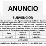 “Plan de ayudas económicas a los Ayuntamientos y Entidades de ámbito territorial inferior al municipio de la provincia de Alicante, así como a las Entidades deportivas municipales, dependientes de los mismos (Patronatos, Organismos Autónomos, Fundaciones Deportivas, etc.), para la realización de actividades deportivas (competitivas, físico-recreativas, populares, formativas, divulgativas, etc.), o para el funcionamiento de Escuelas deportivas municipales, anualidad 2022”