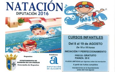 CURSO DE NATACIÓN 2016. DEL 8 AL 19 DE AGOSTO. GRUPO INICIACIÓN A LAS 16:00H. Y PERFECCIONAMIENTO A LAS 17:00H.