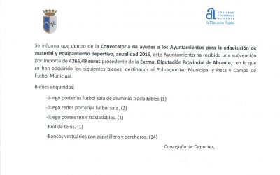 ADQUISICIÓN DE BIENES DEPORTIVOS POR SUBVENCIÓN 2016
