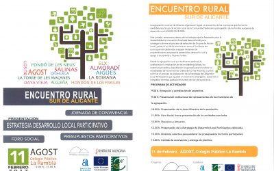 JORNADA DE ESTRATEGIA DE DESARROLLO LOCAL PARTICIPATIVO (GAL Agrupación Rural Sur de Alicante).11 de FEBRERO de 2017.HORARIO: de 9:00 a 15:00 h. COLEGIO PÚBLICO LA RAMBLA. AGOST.