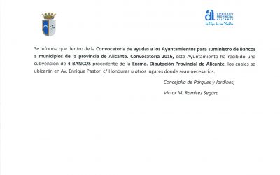 ADQUISICIÓN DE SUBVENCIÓN DE EXCMA. DIPUTACIÓN DE ALICANTE PARA SUMINISTRO DE BANCOS. ANUALIDAD 2016.