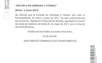 ADJUDICACIÓN SUBVENCIÓN “ESCUELA DE GIMNASIA Y FITNESS”(ENERO A JUNIO 2017)