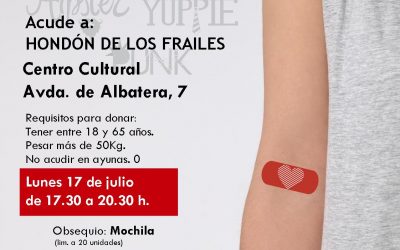 DONACIÓN DE SANGRE: LUNES 17 DE JULIO – CENTRO CULTURAL – DE 17.30 A 20.30 H.