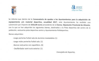 ADJUDICACIÓN SUBVENCIÓN PARA “ADQUISICIÓN EQUIPAMIENTO Y MATERIAL DEPORTIVO, ANUALIDAD 2017”.