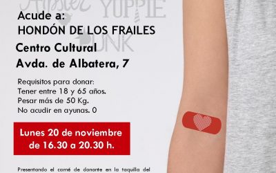 DONACIÓN SANGRE: LUNES 20 DE NOVIEMBRE – CENTRO CULTURAL- DE 16.30 A 20.30 H.