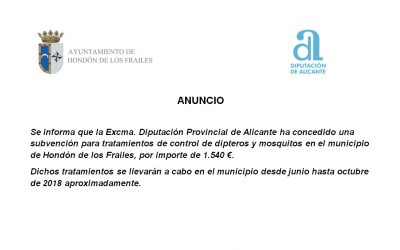 CONCESIÓN SUVBENCIÓN PARA TRATAMIENTOS  DE CONTROL DE MOSQUITOS ANUALIDAD 2018