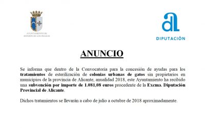 CONCESIÓN SUVBENCIÓN PARA ESTERILIZACIÓN COLONIAS URBANAS DE GATOS ANUALIDAD 2018