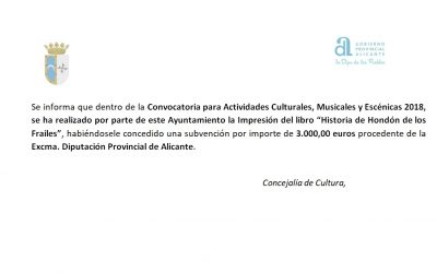 CONCESIÓN SUBVENCIÓN IMPRESIÓN LIBRO “HISTORIA DE HONDÓN DE LOS FRAILES”