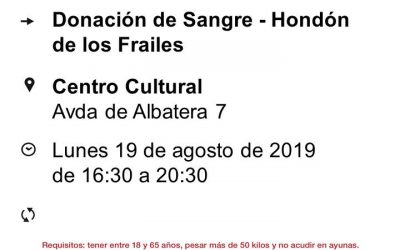 Donación de Sangre, 19 de agosto de 2019 de 16:30 a 20:30 horas (Centro Cultural)