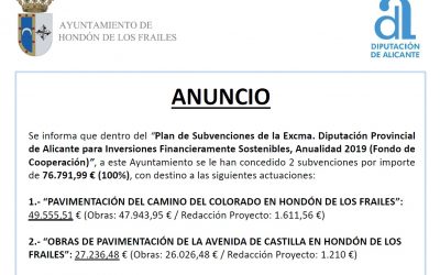 Plan de Subvenciones de la Excma. Diputación Provincial de Alicante para Inversiones Financieramente Sostenibles, Anualidad 2019 (Fondo de Cooperación)