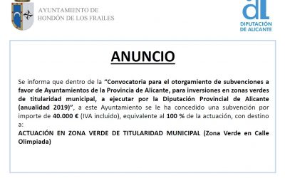 ANUNCIO CONVOCATORIA PARA EL OTORGAMIENTO DE SUBVENCIONES A FAVOR DE AYUNTAMIENTOS DE LA PROVINCIA DE ALICANTE, PARA INVERSIONES EN ZONAS VERDES DE TITULARIDAD MUNICIPAL