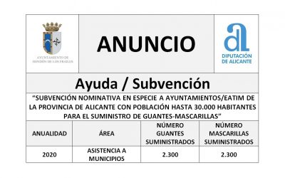 SUBVENCIÓN NOMINATIVA EN ESPECIE A AYUNTAMIENTOS/EATIM DE LA PROVINCIA DE ALICANTE CON POBLACIÓN HASTA 30.000 HABITANTES PARA EL SUMINISTRO DE GUANTES-MASCARILLAS