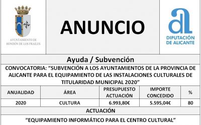Subvención A Los Ayuntamientos De La Provincia De Alicante Para El Equipamiento De Las Instalaciones Culturales De Titularidad Municipal 2020