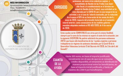 “PLAN MUNICIPAL DE AYUDAS CON DESTINO A MINIMIZAR EL IMPACTO ECONÓMICO QUE LA COVID-19 ESTÁ SUPONIENDO SOBRE LAS PYMES, MICROEMPRESAS, Y PERSONAS TRABAJADORAS AUTÓNOMAS DE HONDÓN DE LOS FRAILES”