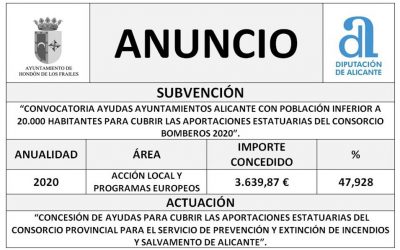 “CONVOCATORIA AYUDAS AYUNTAMIENTOS ALICANTE CON POBLACIÓN INFERIOR A 20.000 HABITANTES PARA CUBRIR LAS APORTACIONES ESTATUARIAS DEL CONSORCIO BOMBEROS 2020”.