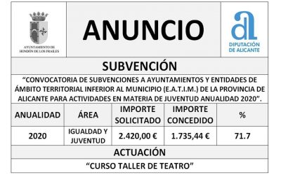 CONVOCATORIA DE SUBVENCIONES A AYUNTAMIENTOS Y ENTIDADES DE ÁMBITO TERRITORIAL INFERIOR AL MUNICIPIO (E.A.T.I.M.) DE LA PROVINCIA DE ALICANTE PARA ACTIVIDADES EN MATERIA DE JUVENTUD ANUALIDAD 2020