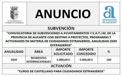 CONVOCATORIA DE SUBVENCIONES A AYUNTAMIENTOS Y E.A.T.I.M. DE LA PROVINCIA DE ALICANTE CON DESTINO A PROYECTOS, PROGRAMAS Y ACTIVIDADES EN MATERIA DE CIUDADANOS EXTRANJEROS, ANUALIDAD 2020 EXTRANJEROS