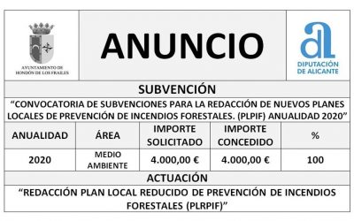 CONVOCATORIA DE SUBVENCIONES PARA LA REDACCIÓN DE NUEVOS PLANES LOCALES DE PREVENCIÓN DE INCENDIOS FORESTALES. (PLPIF) ANUALIDAD 2020