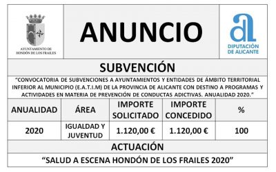 “CONVOCATORIA DE SUBVENCIONES A AYUNTAMIENTOS Y ENTIDADES DE ÁMBITO TERRITORIAL INFERIOR AL MUNICIPIO (E.A.T.I.M) DE LA PROVINCIA DE ALICANTE CON DESTINO A PROGRAMAS Y ACTIVIDADES EN MATERIA DE PREVENCIÓN DE CONDUCTAS ADICTIVAS. ANUALIDAD 2020.”