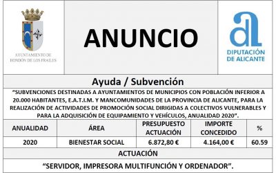 SUBVENCIÓN “REALIZACIÓN DE ACTIVIDADES DE PROMOCIÓN SOCIAL DIRIGIDAS A COLECTIVOS VULNERABLES Y PARA LA ADQUISICIÓN DE EQUIPAMIENTO Y VEHÍCULOS” 2020