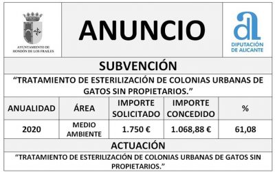 Subvención “Tratamientos De Esterilización De Colonias Urbanas De Gatos Sin Propietario” Anualidad 2020