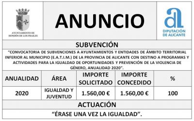 “CONVOCATORIA DE SUBVENCIONES A AYUNTAMIENTOS Y ENTIDADES DE ÁMBITO TERRITORIAL INFERIOR AL MUNICIPIO (E.A.T.I.M.) DE LA PROVINCIA DE ALICANTE CON DESTINO A PROGRAMAS Y ACTIVIDADES PARA LA IGUALDAD DE OPORTUNIDADES Y PREVENCIÓN DE LA VIOLENCIA DE GÉNERO, ANUALIDAD 2020”.