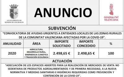 CONVOCATORIA DE AYUDAS URGENTES A ENTIDADES LOCALES DE LAS ZONAS RURALES DE LA COMUNITAT VALENCIANA AFECTADAS POR LA COVID-19