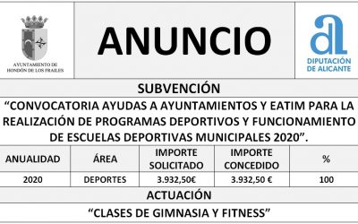CONVOCATORIA AYUDAS A AYUNTAMIENTOS Y EATIM PARA LA REALIZACIÓN DE PROGRAMAS DEPORTIVOS Y FUNCIONAMIENTO DE ESCUELAS DEPORTIVAS MUNICIPALES 2020