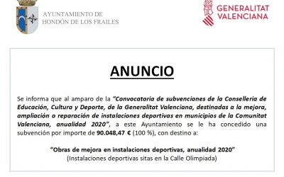 Concesión Subvención “Convocatoria de subvenciones de la Conselleria de Educación, Cultura y Deporte, de la Generalitat Valenciana, destinadas a la mejora, ampliación o reparación de instalaciones deportivas en municipios de la Comunitat Valenciana, anualidad 2020”
