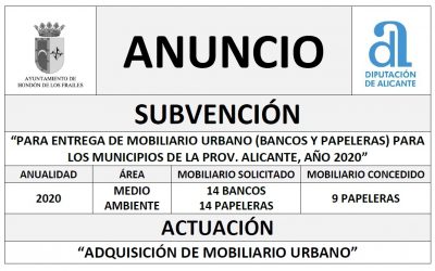 SUBVENCIÓN “PARA ENTREGA DE MOBILIARIO URBANO (BANCOS Y PAPELERAS) PARA LOS MUNICIPIOS DE LA PROV. ALICANTE, AÑO 2020”