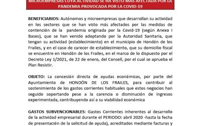 AYUDAS PARÉNTESIS “PLAN RESISTIR HONDÓN DE LOS FRAILES” PARA LA CONCESIÓN DE AYUDAS ECONÓMICAS A AUTÓNOMOS Y MICROEMPRESAS CUYA ACTIVIDAD SE HA VISTO MÁS AFECTADA POR LA PANDEMIA PROVOCADA POR LA COVID-19