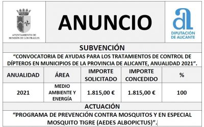 “CONVOCATORIA DE AYUDAS PARA LOS TRATAMIENTOS DE CONTROL DE DÍPTEROS EN MUNICIPIOS DE LA PROVINCIA DE ALICANTE, ANUALIDAD 2021”