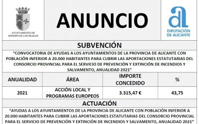 “CONVOCATORIA DE AYUDAS A LOS AYUNTAMIENTOS DE LA PROVINCIA DE ALICANTE CON POBLACIÓN INFERIOR A 20.000 HABITANTES PARA CUBRIR LAS APORTACIONES ESTATUTARIAS DEL CONSORCIO PROVINCIAL PARA EL SERVICIO DE PREVENCIÓN Y EXTINCIÓN DE INCENDIOS Y SALVAMENTO, ANUALIDAD 2021”