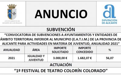 “CONVOCATORIA DE SUBVENCIONES A AYUNTAMIENTOS Y ENTIDADES DE ÁMBITO TERRITORIAL INFERIOR AL MUNICIPIO (E.A.T.I.M.) DE LA PROVINCIA DE ALICANTE PARA ACTIVIDADES EN MATERIA DE JUVENTUD, ANUALIDAD 2021”