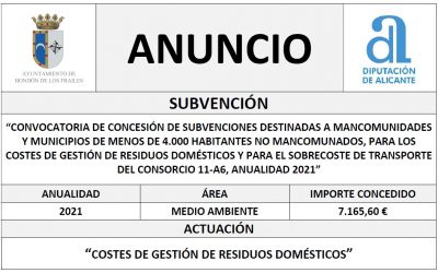 “CONVOCATORIA DE CONCESIÓN DE SUBVENCIONES DESTINADAS A MANCOMUNIDADES Y MUNICIPIOS DE MENOS DE 4.000 HABITANTES NO MANCOMUNADOS, PARA LOS COSTES DE GESTIÓN DE RESIDUOS DOMÉSTICOS Y PARA EL SOBRECOSTE DE TRANSPORTE DEL CONSORCIO 11-A6, ANUALIDAD 2021