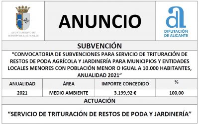 “CONVOCATORIA DE SUBVENCIONES PARA SERVICIO DE TRITURACIÓN DE RESTOS DE PODA AGRÍCOLA Y JARDINERÍA PARA MUNICIPIOS Y ENTIDADES LOCALES MENORES CON POBLACIÓN MENOR O IGUAL A 10.000 HABITANTES, ANUALIDAD 2021”