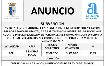 “SUBVENCIONES DESTINADAS A AYUNTAMIENTOS DE MUNICIPIOS CON POBLACIÓN INFERIOR A 20.000 HABITANTES, E.A.T.I.M. Y MANCOMUNIDADES DE LA PROVINCIA DE ALICANTE, PARA LA REALIZACIÓN DE ACTIVIDADES DE PROMOCIÓN SOCIAL DIRIGIDAS A COLECTIVOS VULNERABLES Y LA ADQUISICIÓN DE EQUIPAMIENTO Y VEHÍCULOS, ANUALIDAD 2021”
