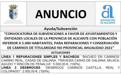 “CONVOCATORIA DE SUBVENCIONES A FAVOR DE AYUNTAMIENTOS Y ENTIDADES LOCALES DE LA PROVINCIA DE ALICANTE CON POBLACIÓN INFERIOR A 5.000 HABITANTES, PARA REPARACIONES Y CONSERVACIÓN DE CAMINOS DE TITULARIDAD NO PROVINCIAL ANUALIDAD 2021”