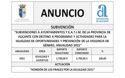 “Convocatoria de subvenciones a Ayuntamientos y Entidades de Ámbito Inferior al Municipio (E.A.T.I.M.) de la Provincia de Alicante con destino a programas y actividades para la igualdad de Género. Anualidad 2021”