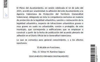 Adhesión Ayuntamiento de Hondón de los Frailes a la Agencia Valenciana de Protección del Territorio (Generalitat Valenciana).