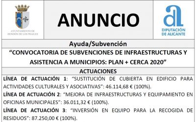 “CONVOCATORIA DE SUBVENCIONES DE INFRAESTRUCTURAS Y ASISTENCIA A MUNICIPIOS: PLAN + CERCA 2020”