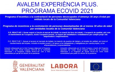 AVALEM EXPERIÈNCIA PLUS. PROGRAMA ECOVID 2021 Programa de incentivos a la contratación de personas desempleadas de al menos 30 años de edad por entidades locales de la Comunitat Valenciana