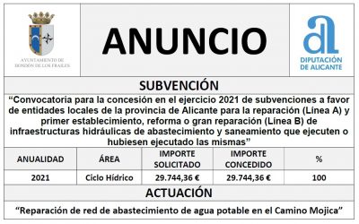 “Convocatoria para la concesión en el ejercicio 2021 de subvenciones a favor de entidades locales de la provincia de Alicante para la reparación (Línea A) y primer establecimiento, reforma o gran reparación (Línea B) de infraestructuras hidráulicas de abastecimiento y saneamiento que ejecuten o hubiesen ejecutado las mismas”