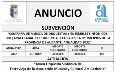 “CAMPAÑA DE MÚSICA DE ORQUESTAS Y ENSEMBLES SINFÓNICOS, DOLÇAINA I TABAL, PLECTRO I PUA, Y CORALES, EN MUNICIPIOS DE LA PROVINCIA DE ALICANTE, ANUALIDAD 2022”