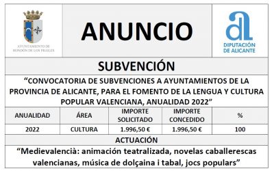 “CONVOCATORIA DE SUBVENCIONES A AYUNTAMIENTOS DE LA PROVINCIA DE ALICANTE, PARA EL FOMENTO DE LA LENGUA Y CULTURA POPULAR VALENCIANA, ANUALIDAD 2022”