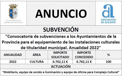 “Convocatoria de subvenciones a los Ayuntamientos de la Provincia para el equipamiento de las instalaciones culturales de titularidad municipal. Anualidad 2022”