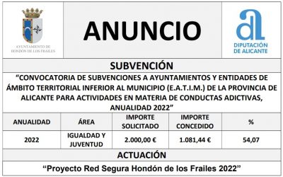 “CONVOCATORIA DE SUBVENCIONES A AYUNTAMIENTOS Y ENTIDADES DE ÁMBITO TERRITORIAL INFERIOR AL MUNICIPIO (E.A.T.I.M.) DE LA PROVINCIA DE ALICANTE PARA ACTIVIDADES EN MATERIA DE CONDUCTAS ADICTIVAS, ANUALIDAD 2022”