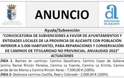 “CONVOCATORIA DE SUBVENCIONES A FAVOR DE AYUNTAMIENTOS Y ENTIDADES LOCALES DE LA PROVINCIA DE ALICANTE CON POBLACIÓN INFERIOR A 5.000 HABITANTES, PARA REPARACIONES Y CONSERVACIÓN DE CAMINOS DE TITULARIDAD NO PROVINCIAL. ANUALIDAD 2022”