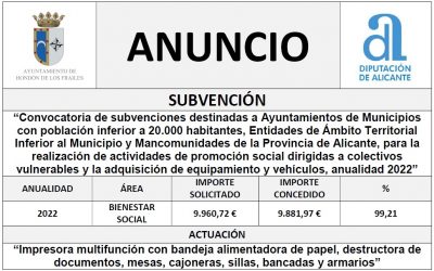 “Convocatoria de subvenciones destinadas a Ayuntamientos de Municipios con población inferior a 20.000 habitantes, Entidades de Ámbito Territorial Inferior al Municipio y Mancomunidades de la Provincia de Alicante, para la realización de actividades de promoción social dirigidas a colectivos vulnerables y la adquisición de equipamiento y vehículos, anualidad 2022”